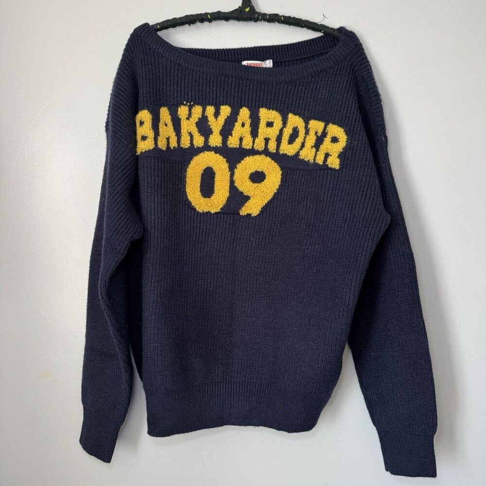 NWT Preppy Off The Shoulder Navy Sweater Yellow Embroidery Sporty Sz XL